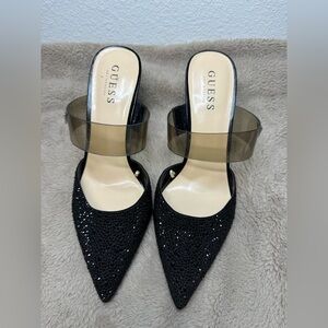 GUESS Black Pointed-Toe Crystal Mules with Clear Ankle Strap